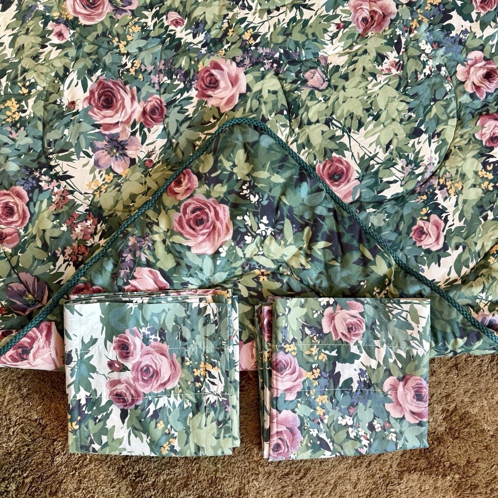3pc VTG Country Floral Full Comforter Valance Curtains Green Pink Rose Roses USA